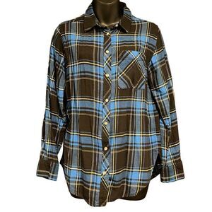 Arizona Jean Company Blue Yellow Black Plaid Flannel Women’s Small